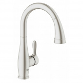 Смеситель для кухни однорычажный GROHE Parkfield с выдвижной лейкой, C-образный излив, суперсталь (30215DC1) — фото, характеристики, купить в VOLGOGRAD-CLIMBO
