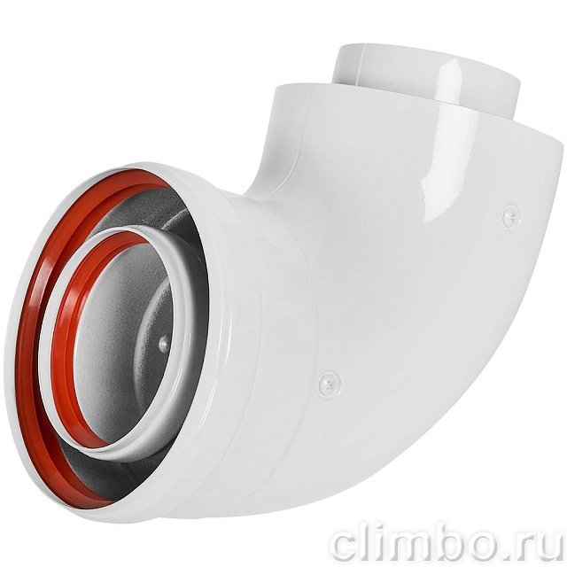 STOUT SCR-8125-250001 STOUT Адаптер подключения 90° традиц. коакс. D80(п-м)/125(п-м) (хомут, накладки декоративные) — фото, детали конструкции