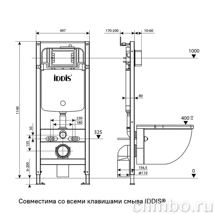 Комплект 3в1: подвесной унитаз, инсталляция и клавиша смыва, IDDIS, BASBQ01i73 — фото, детали конструкции