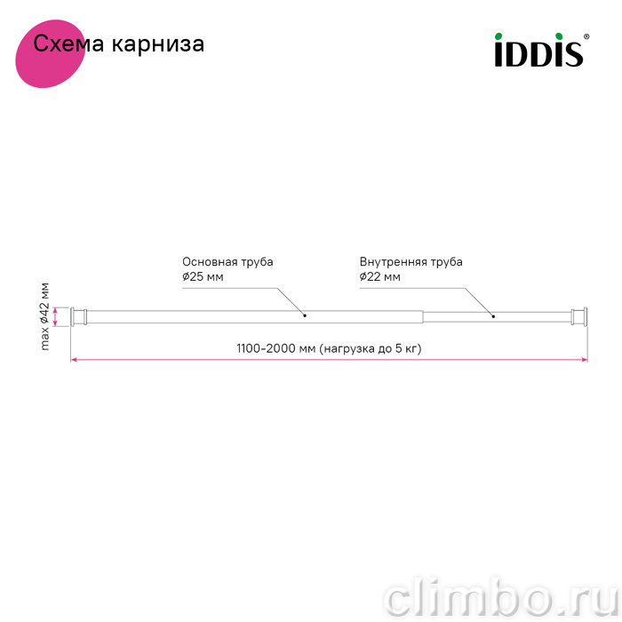 Карниз для ванной комнаты, 110-200 см, хром глянцевый, Элеганте (Elegante), IDDIS, RSC0120i14 — фото, детали конструкции