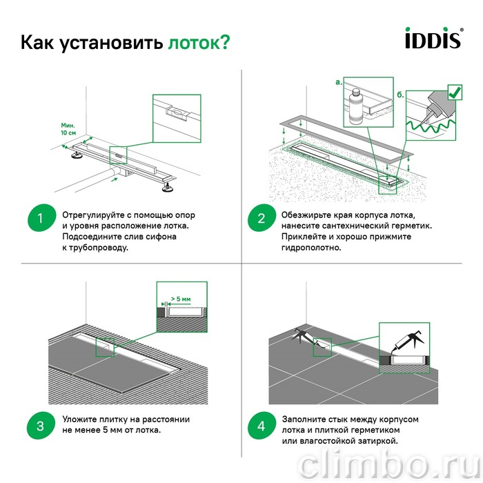 Лоток душевой, горизонтальный выпуск, комбинированный затвор, перфорированная решетка, 700мм, хром, IDDIS, 975A7SB10DZ — фото, детали конструкции