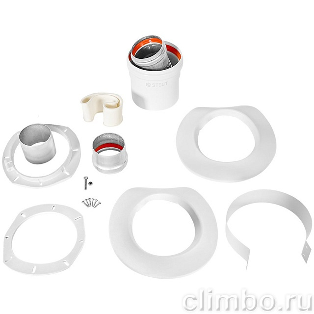 STOUT SCR-6010-250200 STOUT Адаптер подключения УНИВЕРСАЛЬНЫЙ вертик. традиц. коакс. D60(м-м)/100(п-м) (хомут, фланец, втулка, адаптер) кроме Immergas, Navien D75/100 стар. — фото, детали конструкции